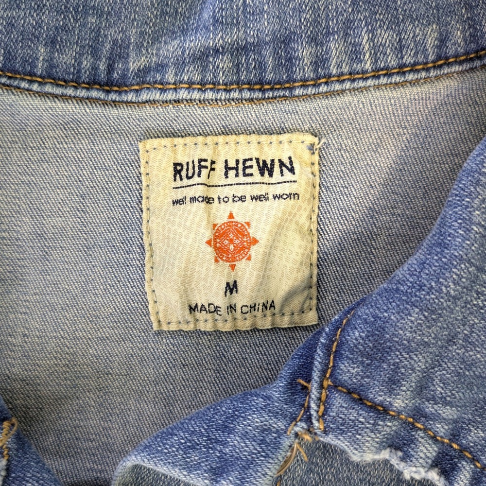 Ruff Hewn Floral Embroidered Denim Jacket Medium Wash Raw Hem Womens Size M - Picture 3 of 7